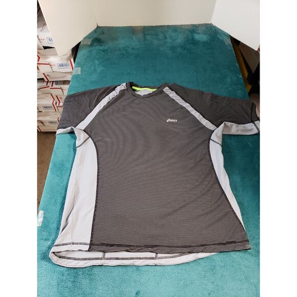 Asics Shirt Size Extra Large Mens Black Gray Short Sleeve Striped Running Gym - Picture 1 of 9